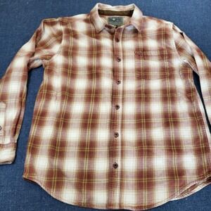 Bone Collector Mens Large Plaid Flannel Shirt Burgundy Cream Long Sleeve Cotton